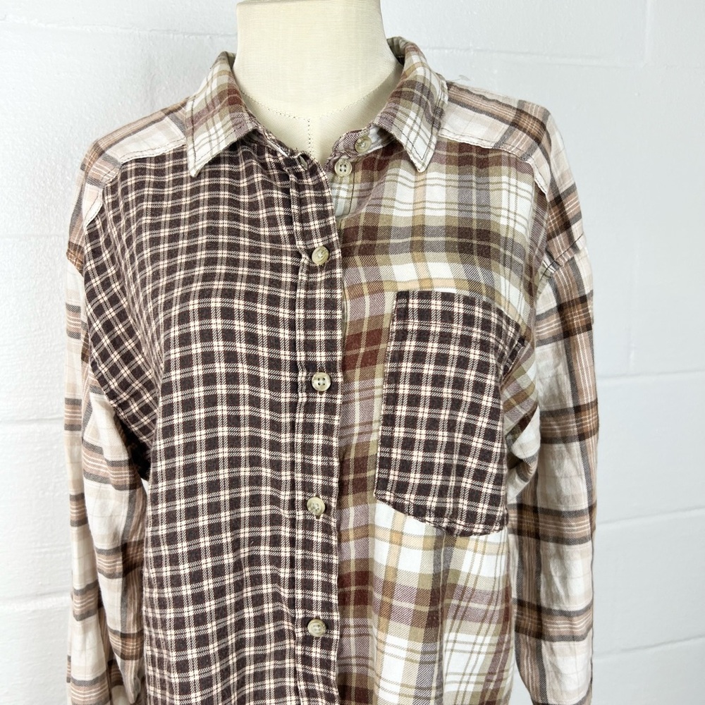 American Eagle Cropped Patchwork Mixed Plaid Flan… - image 4
